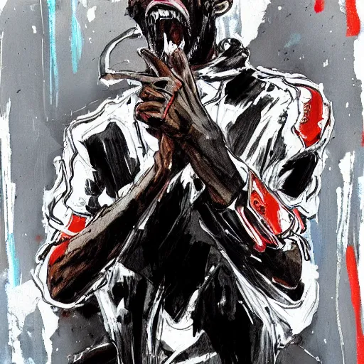 Prompt: a beautiful professional portrait of mc ride rapping and yelling, painted by tsutomu nihei