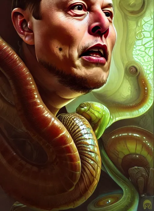 Image similar to elon musk as slimy mollusk, drool, portrait, intricate, elegant, highly detailed, digital painting, artstation, concept art, wallpaper, smooth, sharp focus, illustration, art by h. r. giger and artgerm and greg rutkowski and alphonse mucha