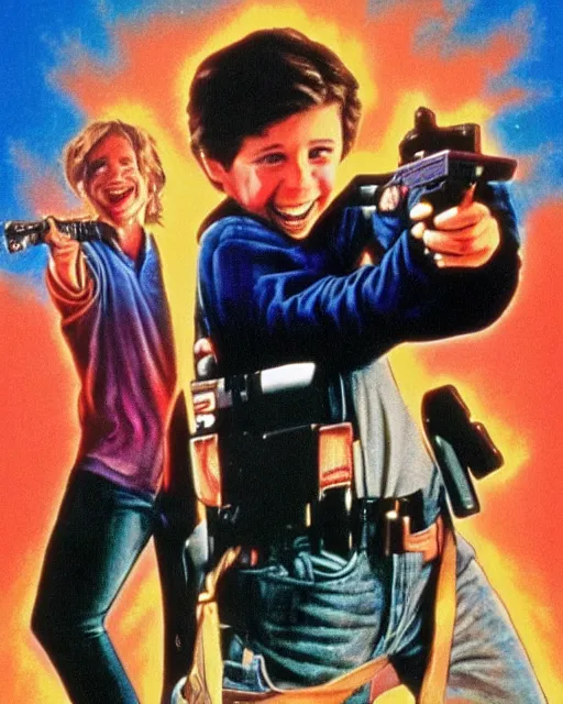 Image similar to 80s movie poster where a happy boy befriends a magic GLOCK 17, Drew Struzan