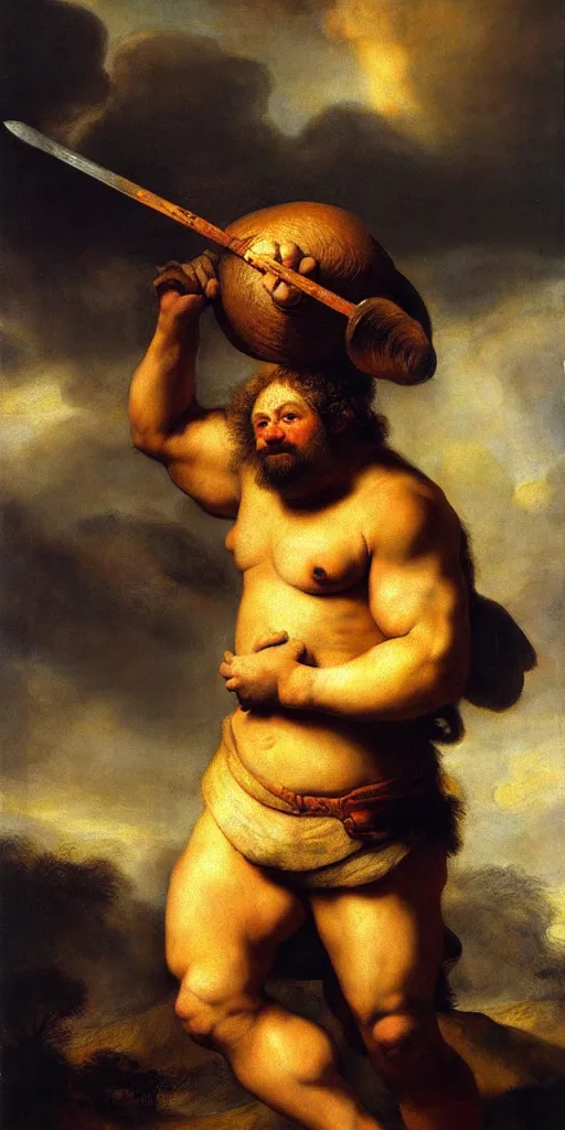 Prompt: oversized pug as muscular barbarian , strong sun backlight sunrays body , extreme very textured detailed portrait oil painting by rembrandt, dramatic clouds and atmosphere