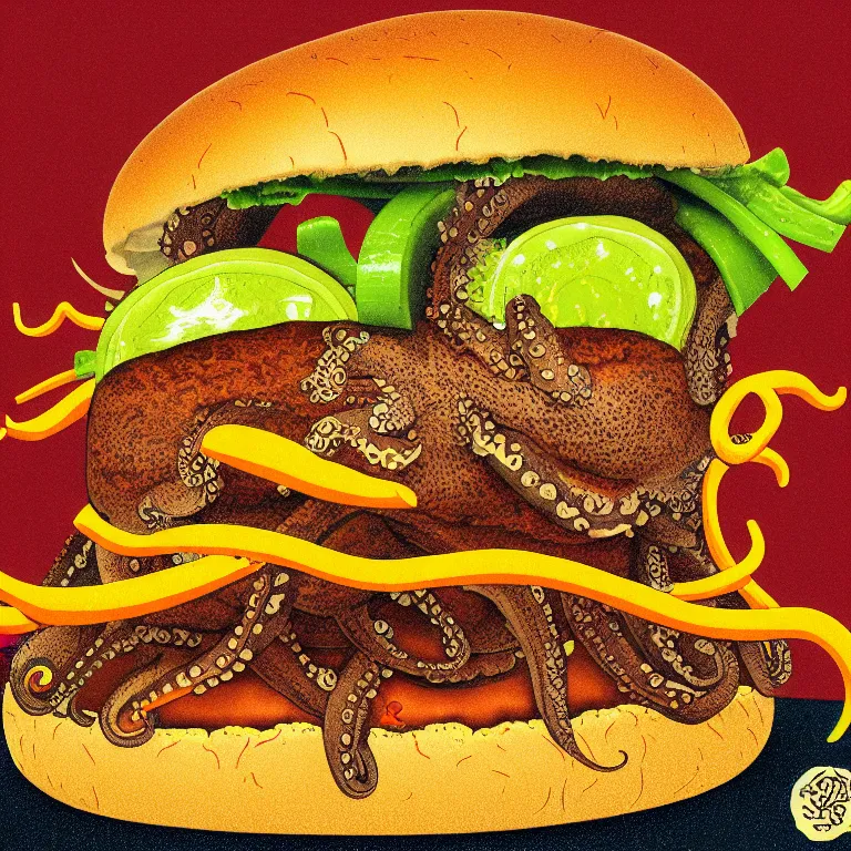 Image similar to illustration of a an octopus inside a cheeseburger, highly detailed, 8 k, vintage, screen print, trending on artstation