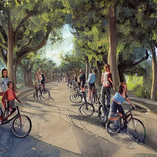 Image similar to friends ride their bikes through a colonnade of trees, by jon foster