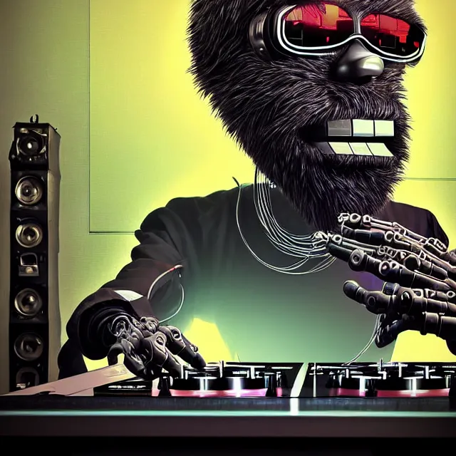 Prompt: a photograph portrait of an anthropomorphic cyberpunk bigfoot dj at the turntables spinning records, detailed render, tape deck, boombox, headphones, epic composition, cybernetics, 4 k realistic, cryengine, realistic shaded lighting, sharp focus, masterpiece, by matteo scalera, gary montalbano, peter elson in the style of the tokyo ghost comic