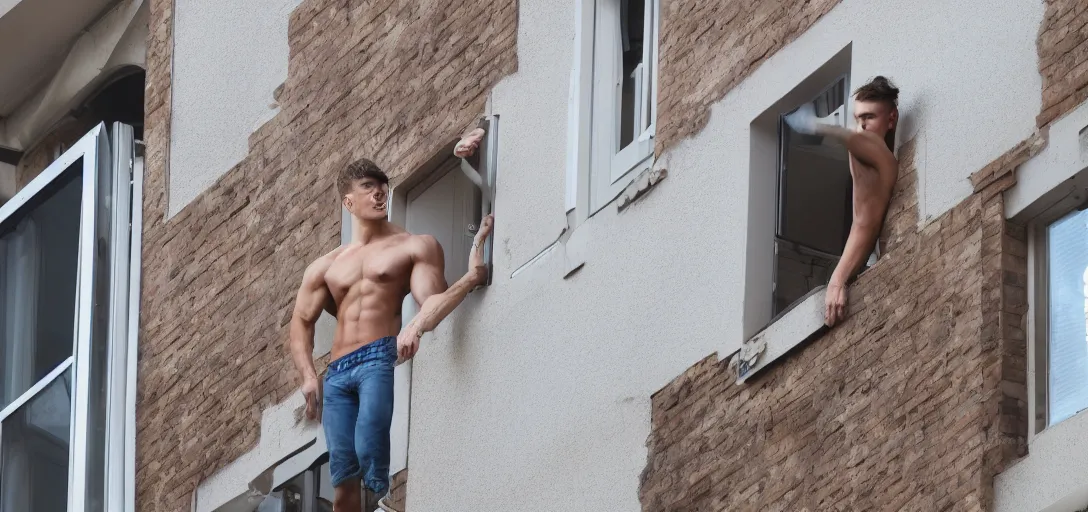 Prompt: young bodybuilder man with brown hair and blue eyes is on a 3rd floor apartment's balcony, looking into another building's window where he can see a gorgeous blonde woman showering