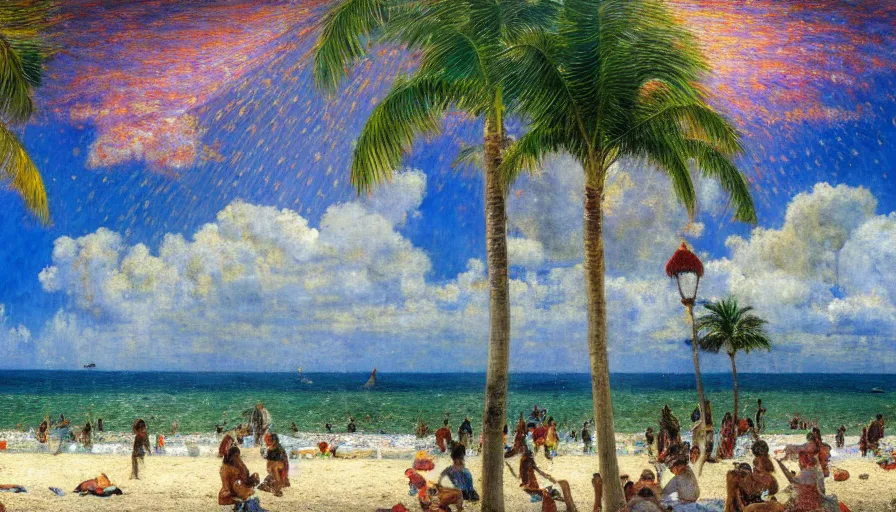 Image similar to a ultradetailed beautiful painting of the thunderstorm sky of the amazonas beach palace balustrade designed by jules bastien - lepage, tarsila do amaral, frank weston and gustave baumann, beach, trending on artstation, mediterranean, palm trees, sharp focus, colorful refracted sparkles and lines, soft light, 8 k 4 k