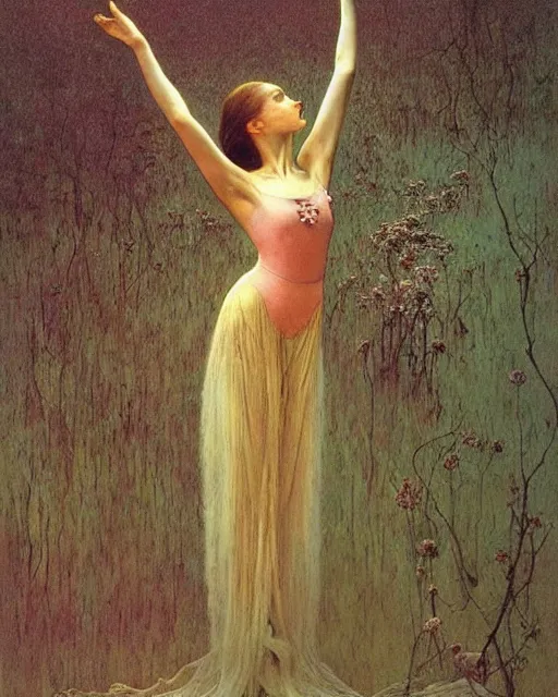 Image similar to the ballerina seen at the end of a human's life, painted by zdzislaw beksinski and artgerm alphonse mucha