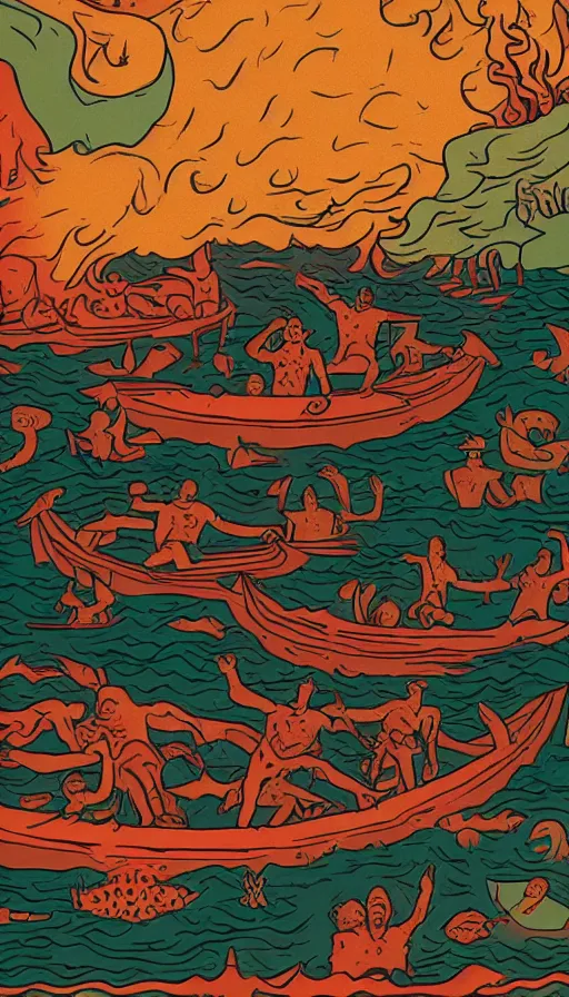 Prompt: man on boat crossing a body of water in hell with creatures in the water, sea of souls, by kurzgesagt,