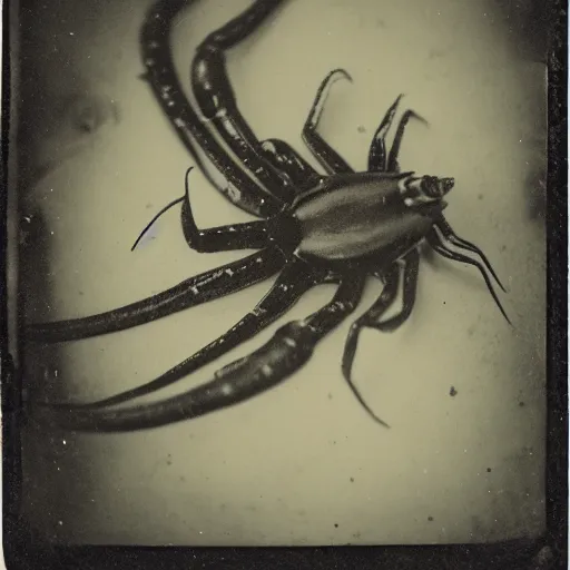 Prompt: tintype photo, swimming deep underwater, squid spider bug