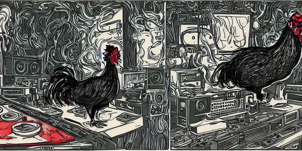 Image similar to 'black rooster'!!! smoking 'cannabis'!!!!!! in front of 'audio console'!!!! and 'multi monitors and projectors'!!!! 'in a hi-tech tv broadcasting studio with red camera rig'!!!!, artwork by James Gilleard