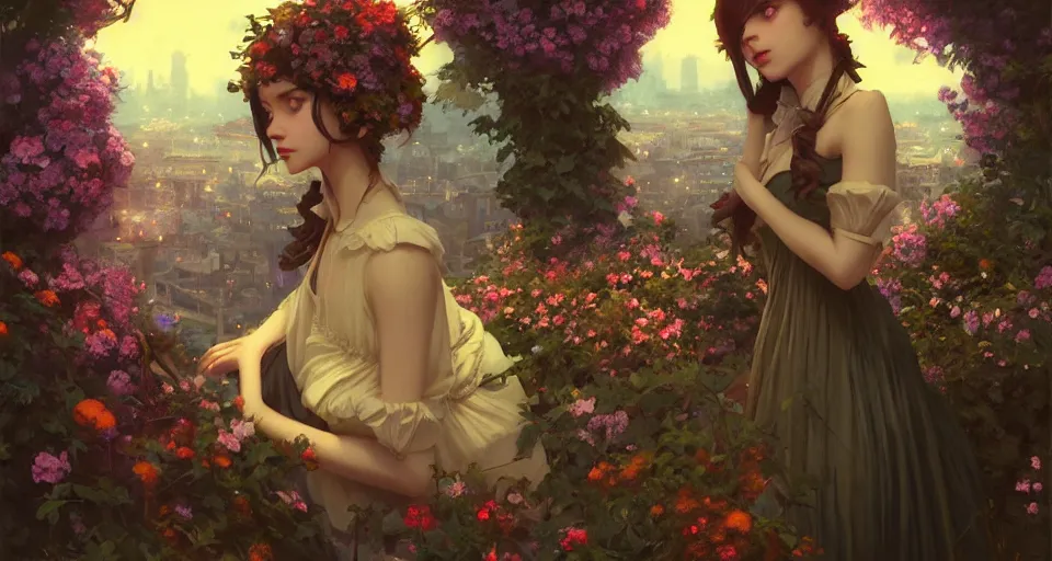 Prompt: a girl with clothed in flowers behind a steampunk city, night setting. realistic shaded lighting poster by ilya kuvshinov katsuhiro, magali villeneuve, artgerm, jeremy lipkin and michael garmash, rob rey and kentaro miura style, trending on art station, surrounded by foliage, dreamy autochrome pinhole photography