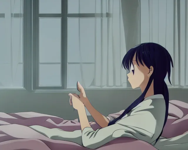 Prompt: a film still of lone anime girl in white tshirt is sitting on poor bed in pale colors room in dark russian flat, perfect faces, fine details, anime, rutkowski
