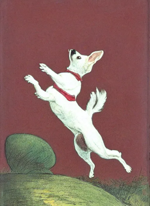 Image similar to jack russel terrier jumping on red ball, illustrated by peggy fortnum and beatrix potter and sir john tenniel