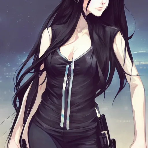 Image similar to upper body portrait of a beautiful girl with long black hair, wearing black riot gear, holding AR-15, drawn by WLOP, by Avetetsuya Studios, attractive character, colored sketch anime manga panel, trending on Artstation