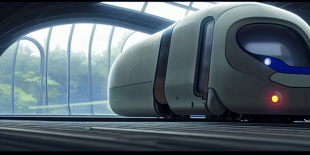 Prompt: futuristic train designed by apple, studio ghibli, pixar and disney animation, sharp, rendered in unreal engine 5, anime key art by greg rutkowski, bloom, dramatic lighting