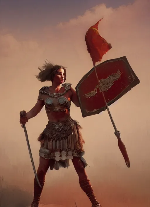 Prompt: hyper realistic photo of roman gladiator girl, full body, rule of thirds, conceptart, saturated colors, cinematic, greg rutkowski, brom, james gurney, mignola, craig mullins, artstation, cgsociety