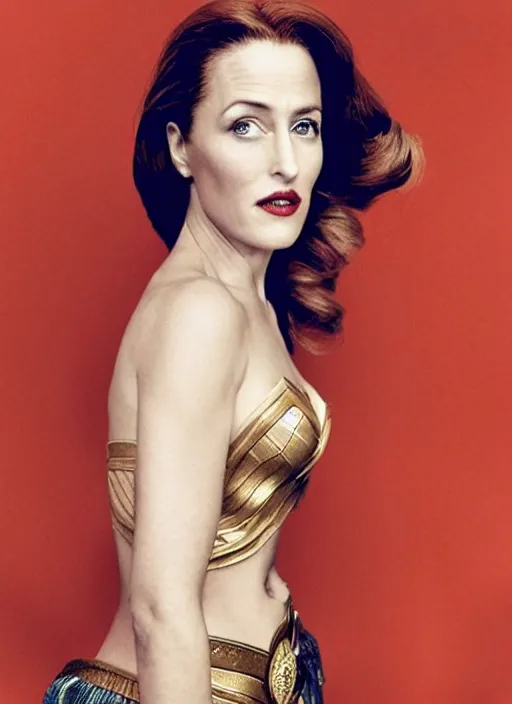 Image similar to full length photo of a gorgeous Gillian Anderson dressed as wonder woman by Mario Testino, detailed, head shot, award winning, Sony a7R