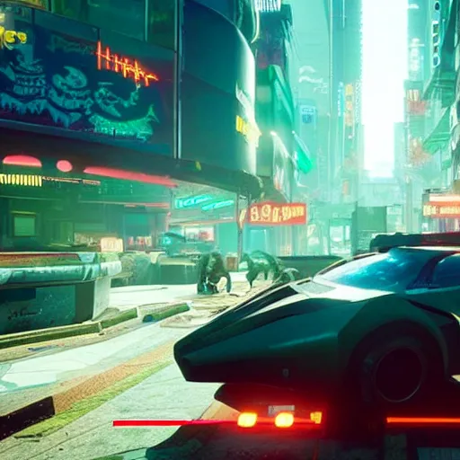 Image similar to a dinosaur watermelon egg is hatching in the middle of Night City in Cyberpunk 2077.