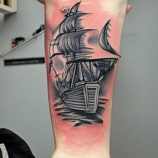 Image similar to A pirate ship tattoo design in the style of Dmitriy Samohin, hyper realistic tattoo