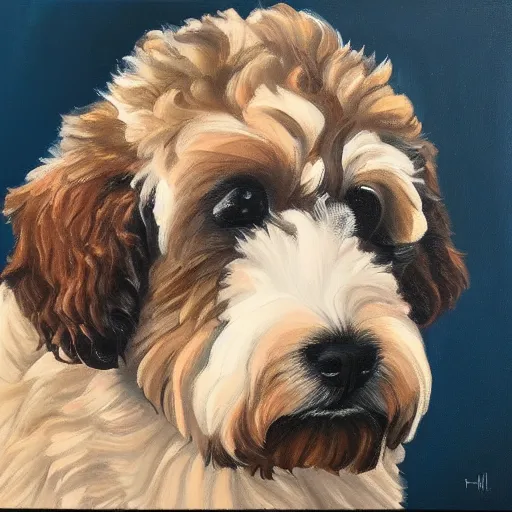 Prompt: a handsome portrait of an aussie doodle pup, oil on canvas, high budget