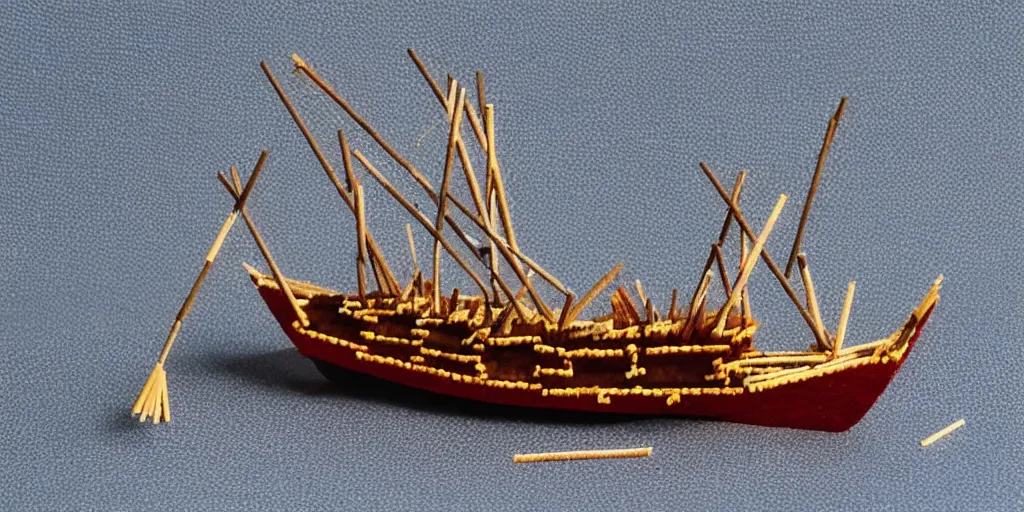Prompt: a boat made of match sticks, 4k, 35mm