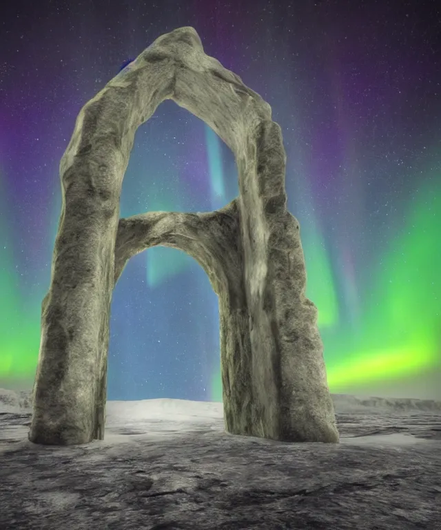 Prompt: portal to another dimension, stone archway, aurora borealis, mysticism, photorealistic, fog, symmetrical