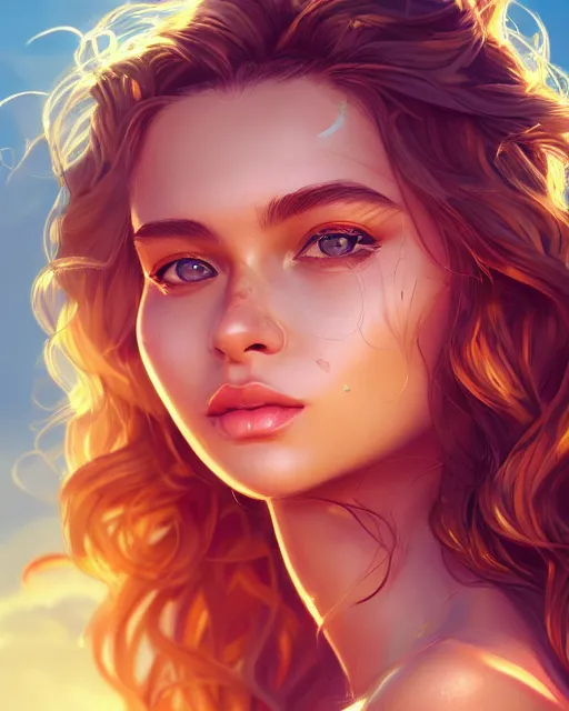 Image similar to summer vibes, beautiful sun tanned goddess portrait, flowy sunkissed hair, sun, summer, cinematic lighting, highly detailed, digital painting, trending on artstation, pixiv, concept art, sharp focus, illustration, art by ross tran and wlop