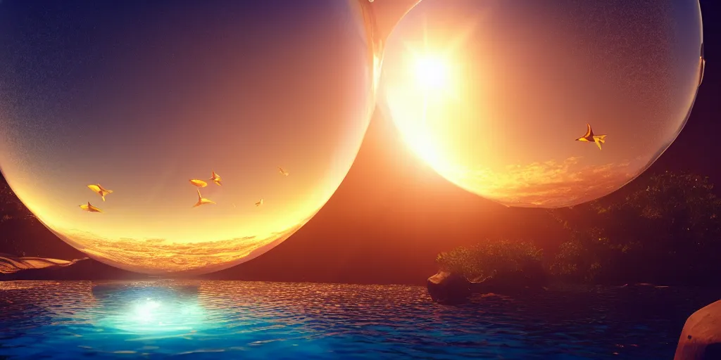 Prompt: in a huge round luminous glass sphere, there are land, sun and fish swimming in the sky, background is a nepal, octane render, unreal engine