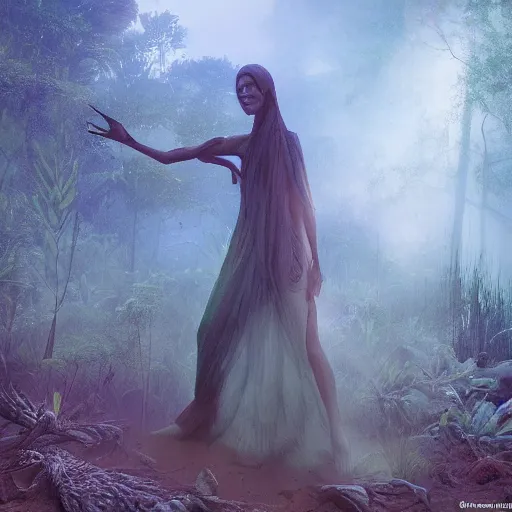 Prompt: beautiful banshee walks around Socotra among plants, flowers, trees and snags in a long transparent flowing dress and meets mystical animals, mystical insects, mystical birds, lizards, snakes, gorgeous, intricate, hypnotic dimensions, ruan jia, steve mccurry, Zdzislaw Beksinski style, sharp focus, intricate concept art, digital painting, ambient lighting, 4k, hdt, artstation trending on Gsociety, trending on ArtstationHQ, hyper quality, 16K