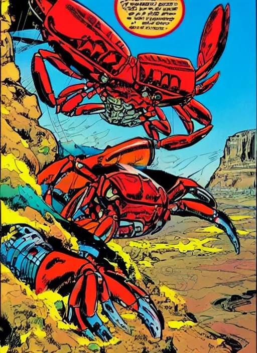 Image similar to comic book cover of a giant mechanical crab at the grand canyon by jack kirby!!! and simon bisley, epic, awesome bright color palette, hard contrast, black ink outlines