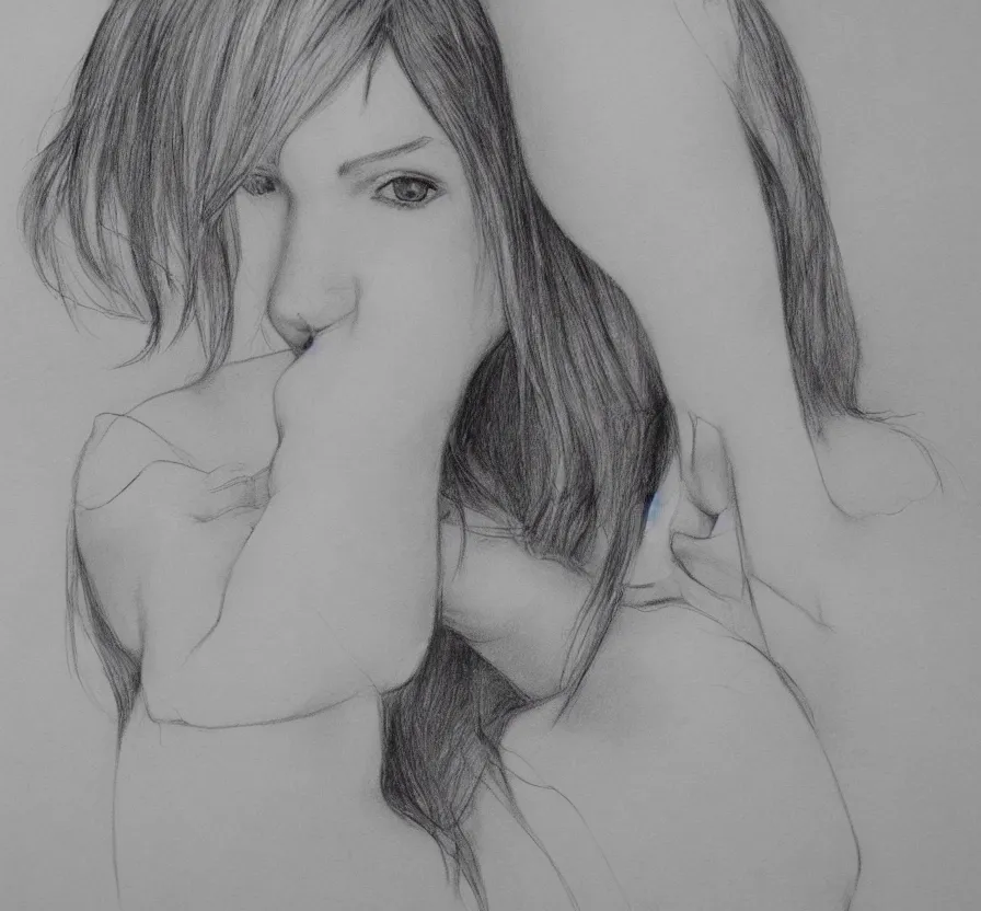 Image similar to alone woman + white hair + in nature + watching on sky + posing, photo, detail body,, pencil drawing, pencil, black, sketch, on paper, realistic, detailed, artstation