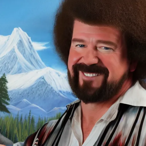 Image similar to a closeup photorealistic photograph of bob ross adding the finishing touches to a canvas painting of kenny powers. mountains and trees. film still. brightly lit scene. this 4 k hd image is trending on artstation, featured on behance, well - rendered, extra crisp, features intricate detail, epic composition and the style of unreal engine.