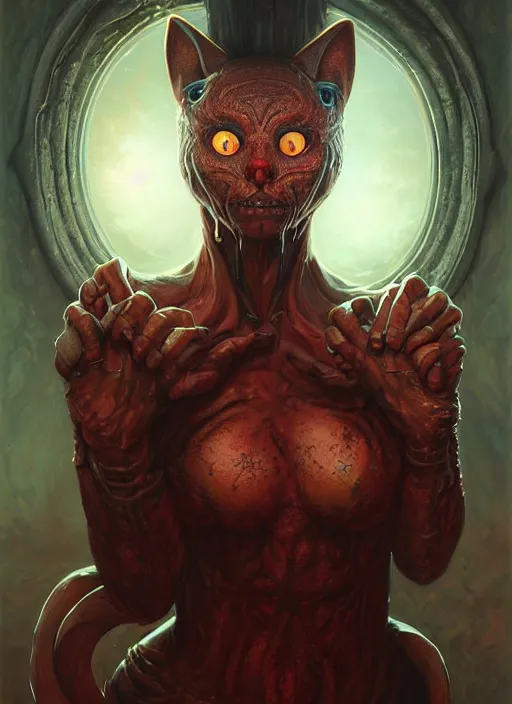 Image similar to hp lovecraft monster mf doom cat eyes, red skin, highly detailed, centered, digital painting, artstation, concept art, smooth, sharp focus, illustration, artgerm, tomasz alen kopera, peter mohrbacher, donato giancola, joseph christian leyendecker, wlop, frank frazetta