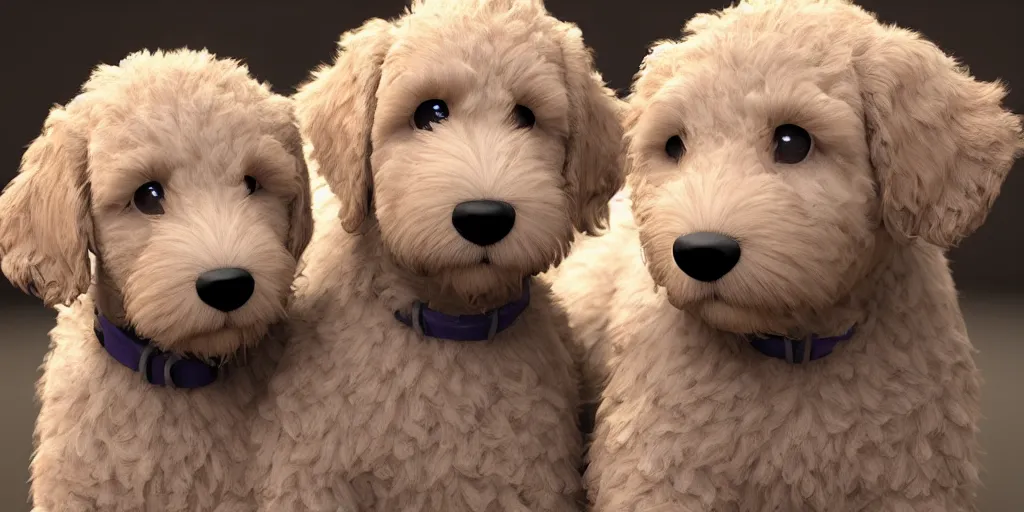 Image similar to adorable goldendoodle puppies and dogs, pixar render, brilliant style by Artstation, Artstation Trending, cgsociety, high quality, very coherent, ultra realism, high definition, post processing, unreal engine, 8k, high resolution, octane render, high contrast, 4k UHD, photographic, digital art, artstation,