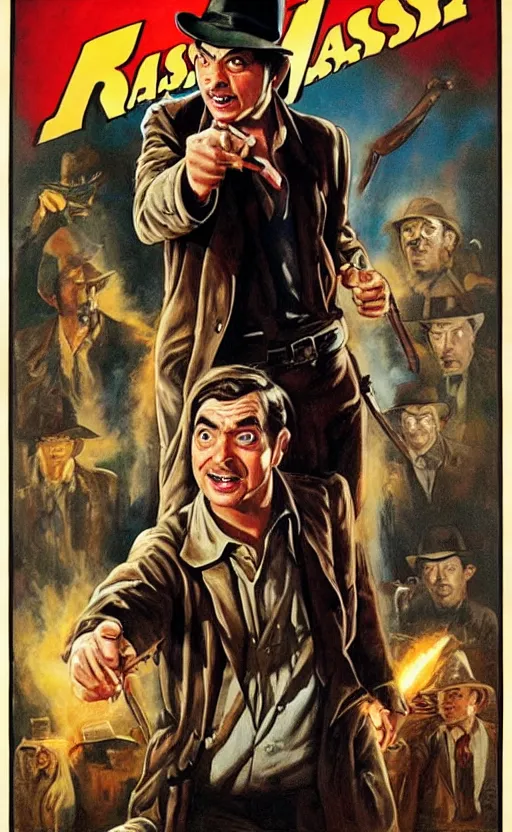 Prompt: raiders of the lost ark, featuring mr. bean, movie poster in the style of drew struzan