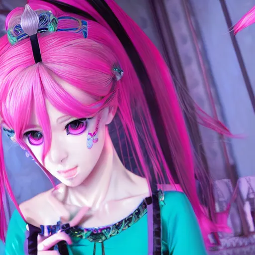 Prompt: trapped by a stunningly beautiful omnipotent megalomaniacal anime asi goddess with symmetrical perfect face and porcelain skin, pink twintail hair and cyan eyes, which looks like junko enoshima, inside her surreal vr castle, hyperdetailed, digital art from danganronpa, unreal engine 5, 2 d anime style, 8 k