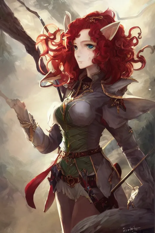 Image similar to A beautiful anime portrait of a curly haired redhead female elf, rpg ranger outfit, elven bow, by Stanley Artgerm Lau, WLOP, Rossdraws, James Jean, Andrei Riabovitchev, Marc Simonetti, and Sakimichan, tranding on artstation