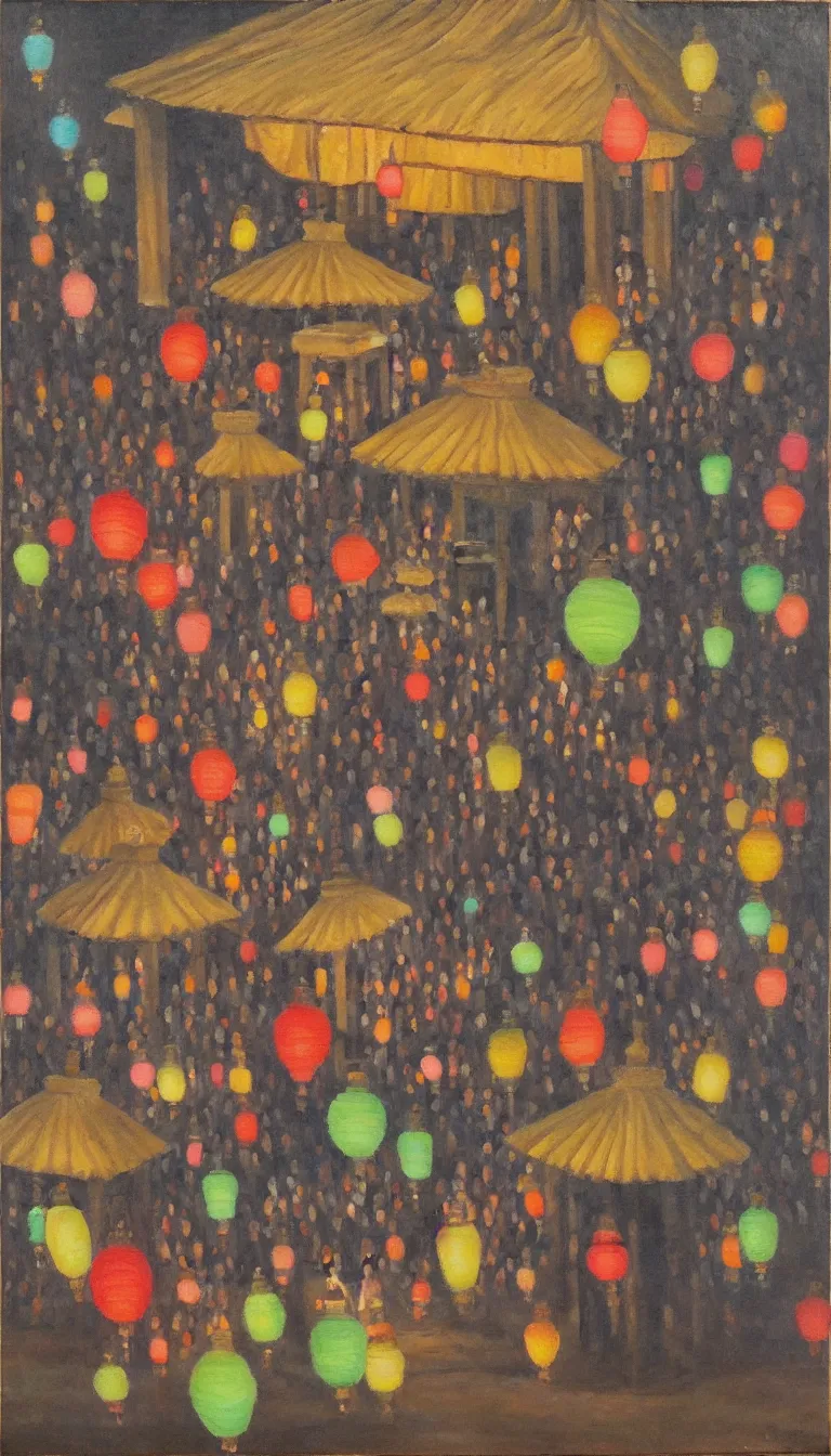 Image similar to pagoda, people drinking tea and paper lanterns, oil on canvas