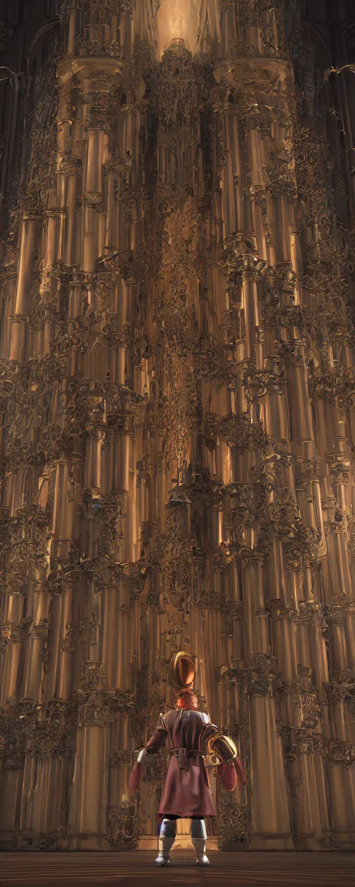 Image similar to Man in a retrofuturistic Moebius inspired costume standing in a catholic cathedral and watching up a giant bell with pipes coming from it, low camera, dark souls, realistic, octane rendered, uplight, unreal engine, paint textures, highly detailed