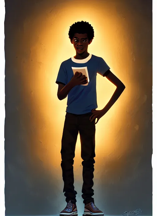 Image similar to portrait of teenage chuck clayton, black teenage boy, very short curly hair, very short hair, square jaw, slight excited smile, reading archie comic book, intricate, elegant, glowing lights, highly detailed, digital painting, artstation, concept art, smooth, sharp focus, illustration, art by wlop, mars ravelo and greg rutkowski