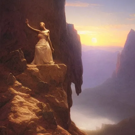 Image similar to an ultradetailed matte landscape painting of a large mountain made into a sculpture of a woman, sunrise on the horizon in the background, stone hand raised up, 8 k, art by greg rutkowski and albert bierstadt