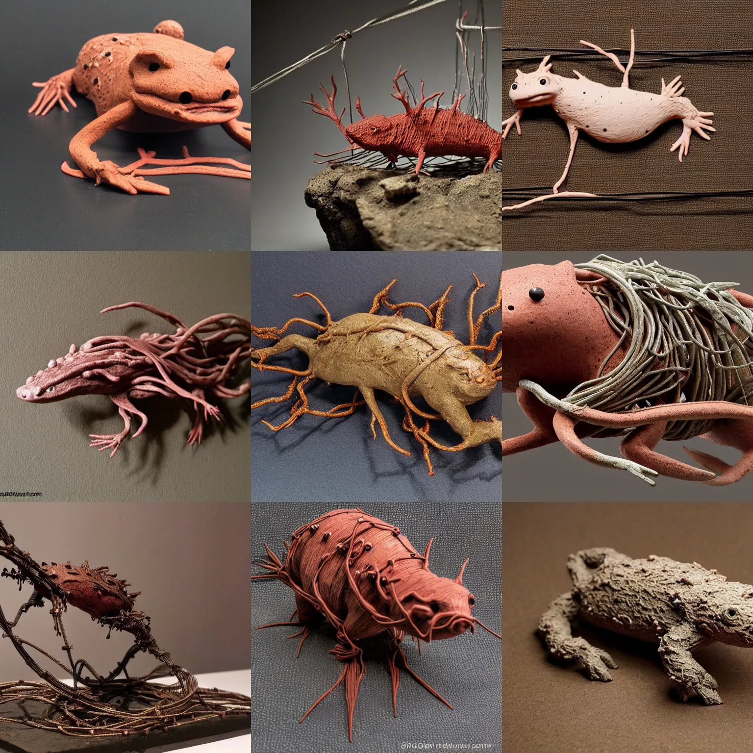 Prompt: an axolotl sculpture made of clay and rusty wires, astonishing detail. hyper realistic