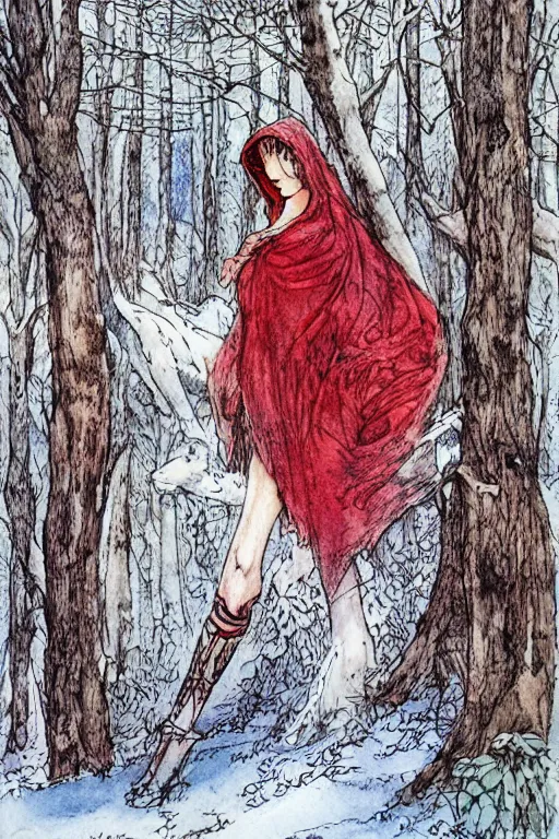 Image similar to red riding hood lost in a winter forest, art by luis royo and walter crane and kay nielsen, watercolor illustration,