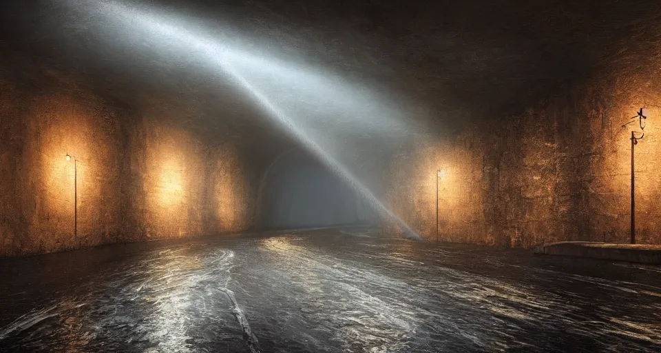 Image similar to a beautiful landscape painting, a single lane road tunnel with overhead lights, water running down the walls, haunted, spooky, scary, by sam guay, moody lighting, hyperrealism, 4 k, octane render