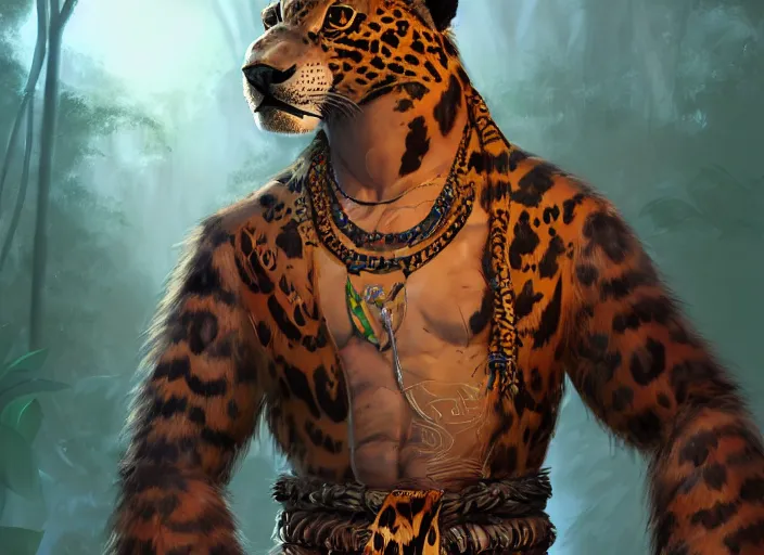 Prompt: character portrait feature of the anthro male anthropomorphic jaguar fursona animal person wearing jaguar fur body shaman tribal outfit robes belt standing in the amazon rainforest, well framed character design stylized by charlie bowater, ross tran, artgerm, makoto shinkai, detailed, soft lighting, rendered in octane