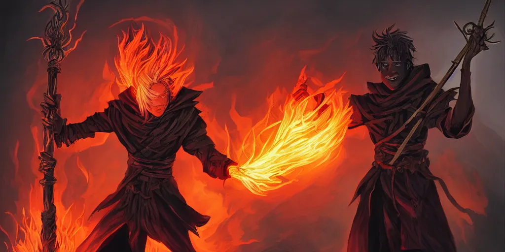 Image similar to dungeons and dragons official art of male fire genasi wizard with pitch black skin, flaming red hair, glowing orange eyes, wearing black wizard robes, smug smile, holding a wooden staff, official print, book cover art