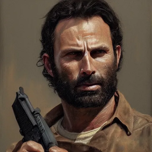 Image similar to ultra realistic portrait painting of rick grimes as a western outlaw, art by michael sowa, 4 k, ultra realistic, highly detailed, epic lighting