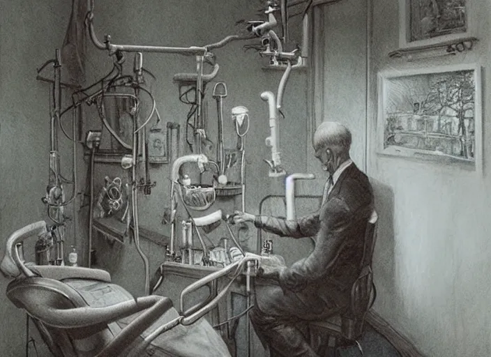 Prompt: a highly detailed eerie portrait of a dentist, james gurney, james jean