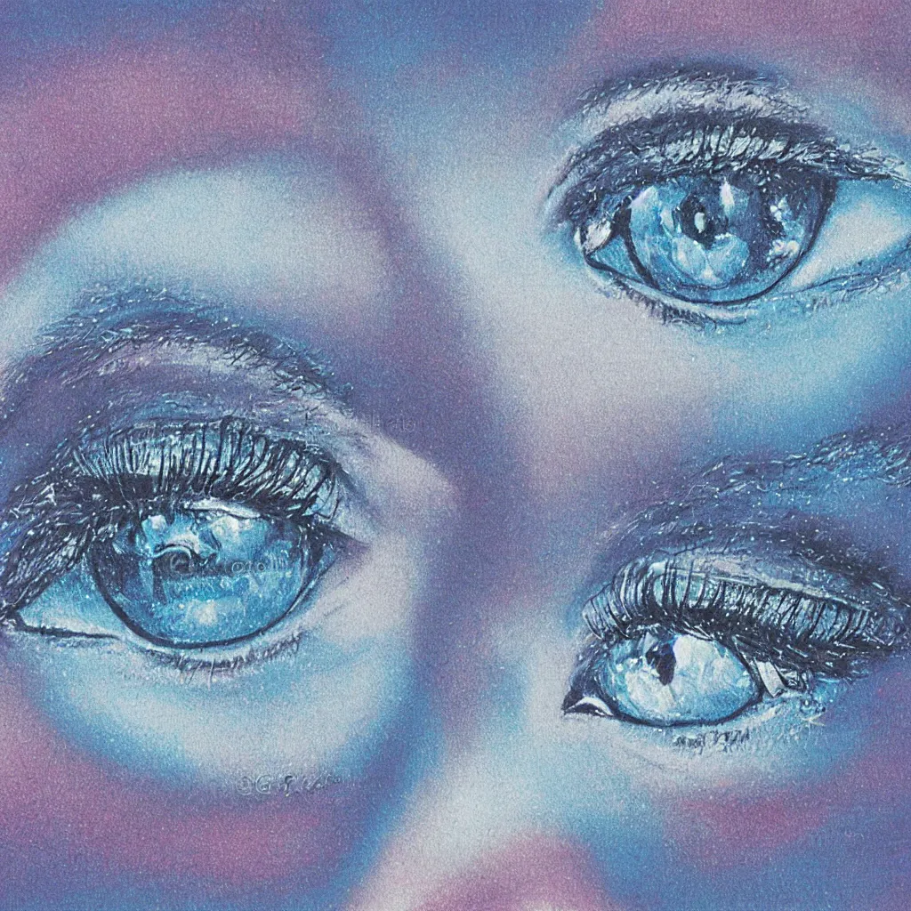 Image similar to 1 9 8 0 s professional airbrush illustration of eyes and crystals on a blue background