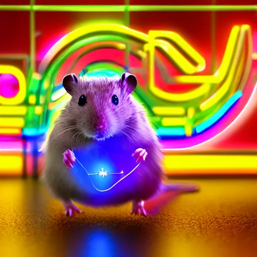 Image similar to cyberpunk hamster! holding rainbow! gem! crystal, neon lights, light reflection, 8 k, hd