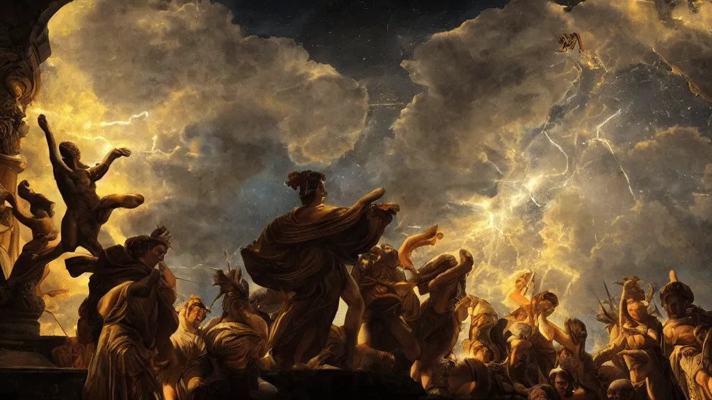 Image similar to a roman emperor using magic to open a void in the sky of roma leading to the universe, insanely detailed painting, chiaroscuro composition, artstation,